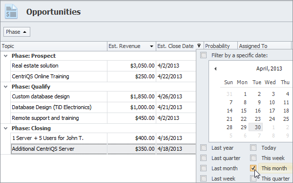 sales crm sort group filter opportunities